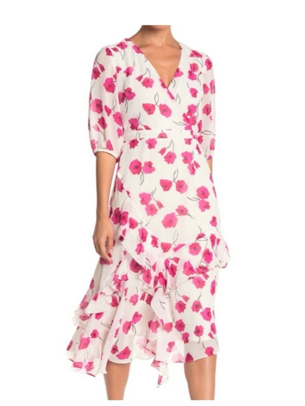 Gabby Skye White Midi Dress with Pink Floral Print